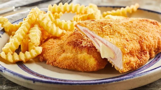 Appetizing cordon bleu with cheese filling served on plate with crinkle cut fries on table