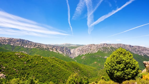 Mountain massif of the "Supramonte"". The “Gorropu” Gorge on a splendid spring day. Unspoiled nature."