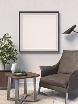 Mock up poster frames with leather armchair in modern interior background 3D render 3D illustration