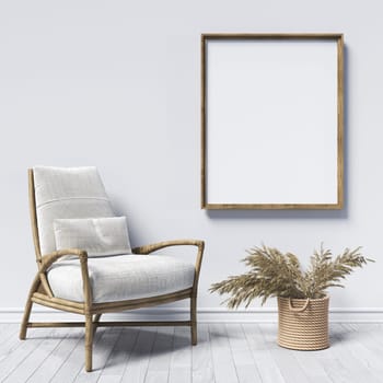 Mock up poster frames with single armchair and dried plant in modern interior background 3D render 3D illustration