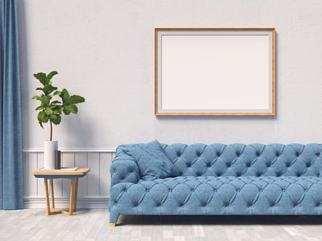 Mock up poster frames with blue sofa and curtain in modern interior background 3D render 3D illustration