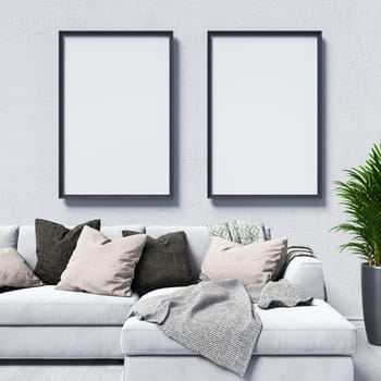 Mock up poster frames with corner sofa and pillows in modern interior background 3D render 3D illustration