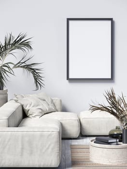 Mock up poster frame with indoor plants and sketchbooks in modern interior background 3D render 3D illustration