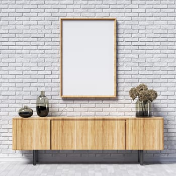 Mock up poster frames with brick wall and simple decorations in modern interior background 3D render 3D illustration