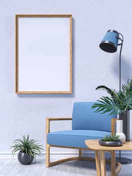 Mock up poster frames with two plants and reading lamp in modern interior background 3D render 3D illustration
