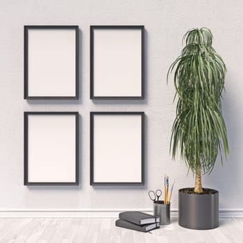 Four mock up poster frames with sketchbooks and plant in modern interior background 3D render 3D illustration
