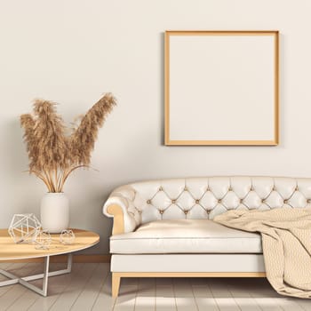 Mock up poster frames with dried plants and sofa in modern interior background 3D render 3D illustration