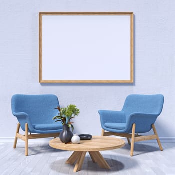 Mock up poster frames with two fabric armchairs in modern interior background 3D render 3D illustration