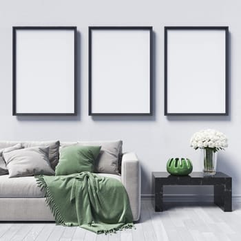 Three mock up poster frames with green vase  in modern interior background 3D render 3D illustration