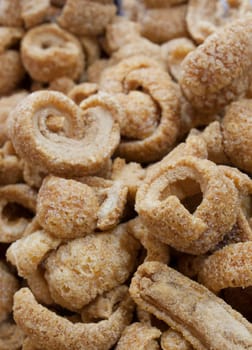 Iberian Torreznos, spanish pork rinds. Displayed at street market stall