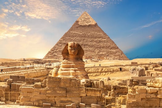 View on the Great Sphinx and the Ruins of Egypt Necropolis in Giza.