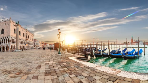Doge's Palace and gondolas pier near San Marco Square, Venice, Italy.
