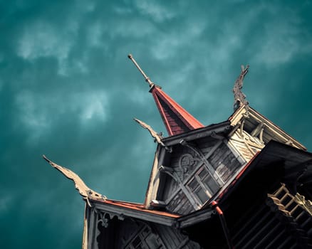 1st of June 2022, Russia , Tomsk, The old wooden building in Russia Tomsk on the sky background