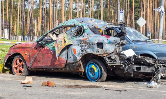 Traffic accident on the street, damaged car after a collision in the city. Accident due to speeding and alcohol intoxication. Transport background. The concept of road safety and insurance