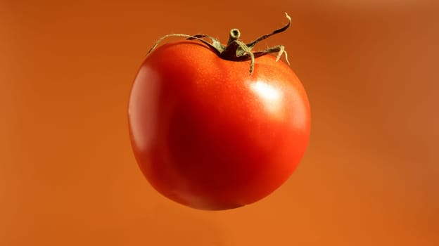 One fresh tasty red tomato. Juicy multi-celled berry. An annual or perennial herb. Vegetable culture. Juicy tomato with green stem