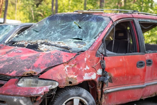 Accident on the street, damaged car after a collision in the city. Accident due to speeding and alcohol intoxication. The concept of road safety and insurance. Ukraine, Irpen - May 12, 2022