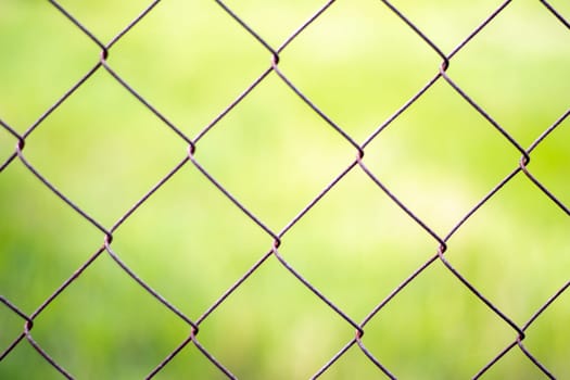 Mesh cage in the garden with green grass as background. Metal fence with wire mesh. Blurred view of the countryside through a steel iron mesh metal fence on green grass. Abstract background