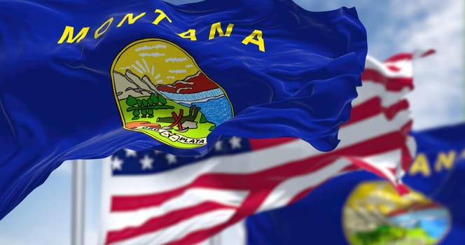 The flags of the Arkansas state and United States waving in the wind. Democracy and independence. American state. Seamless 3D animation