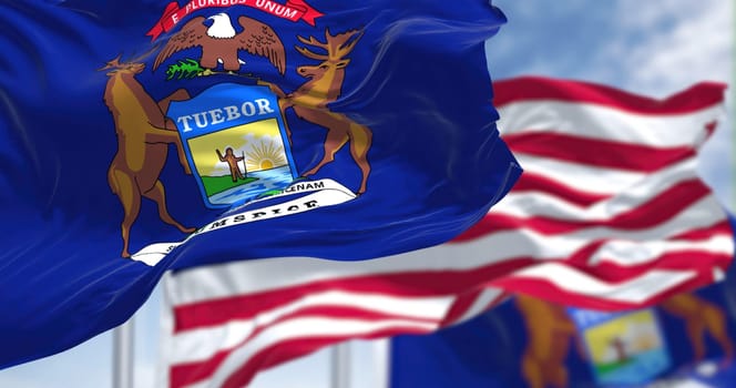 The flags of the Arkansas state and United States waving in the wind. Democracy and independence. American state. Seamless 3D animation