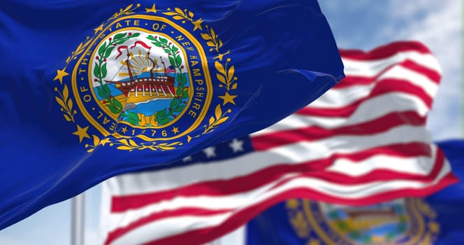 The flags of the Arkansas state and United States waving in the wind. Democracy and independence. American state. Seamless 3D animation