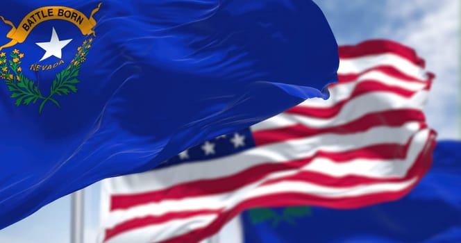 The flags of the Arkansas state and United States waving in the wind. Democracy and independence. American state. Seamless 3D animation