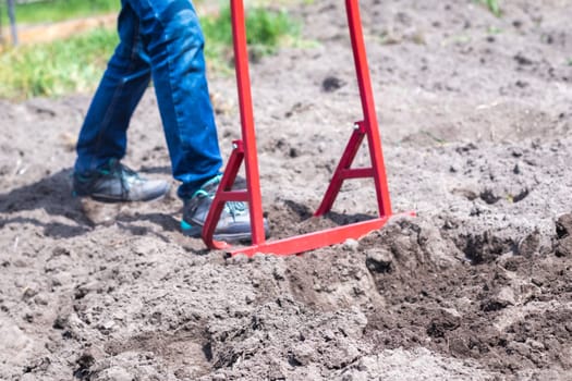 A farmer in jeans digs the ground with a red fork-shaped shovel. A miracle shovel, a handy tool. Manual cultivator. The cultivator is an efficient hand tool for tillage. Loosening the bed