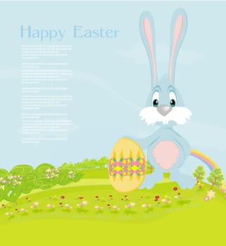 Illustration of happy Easter bunny carrying egg