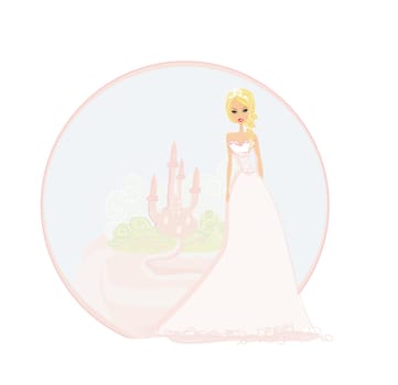 Beautiful young blond princess in front of her castle
