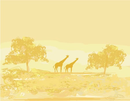 grunge background with giraffe silhouette on African fauna and flora