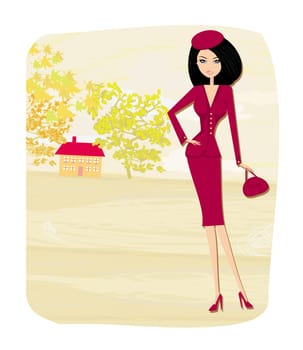 beautiful fashion autumn girl on rural landscape vector
