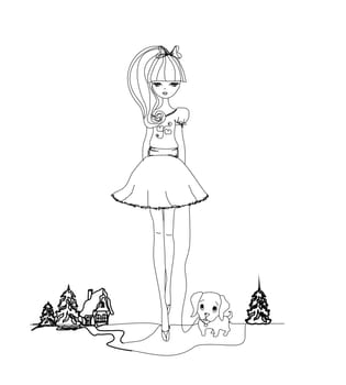 Girl and her puppy doodle illustration
