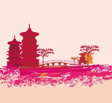 old paper with Chinese temple on abstract Asian Landscape