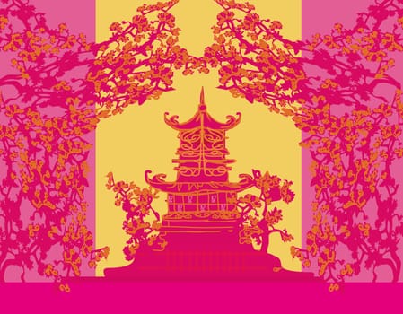 old paper with Chinese temple on abstract Asian Landscape