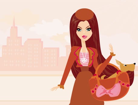 Fashion girl and her puppy in bag