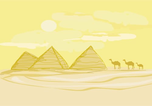 pyramids giza and camels silhouette on desert landscape