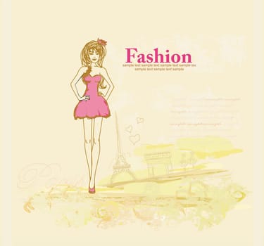 beautiful women Shopping in Paris - vector card