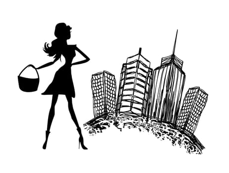 fashion girl silhouette Shopping in the city doodle