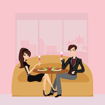 Young couple flirt and drink champagne in restaurant