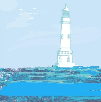 lighthouse seen from a tiny beach - Grunge Poster