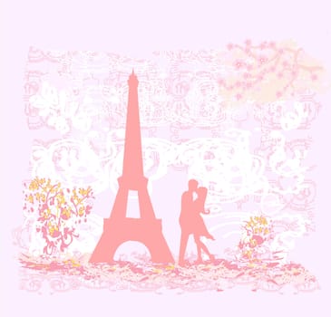 Romantic couple silhouette in Paris kissing near the Eiffel Tower Retro card