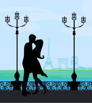 Romantic couple silhouette in Paris kissing near the Eiffel Tower Retro card