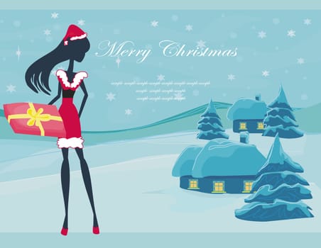 Happy New year card with Santa girl silhouette and night winter landscape