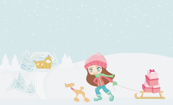 winter little girl with gift box and her dog