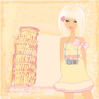 beautiful travel girl with camera near Pisa building in Italy  - card