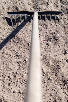 Close up photo of a garden rake on a bed. Old black metal rake on dry soil, in the garden. Spring cleaning. Selective focus. Yard area cleaning