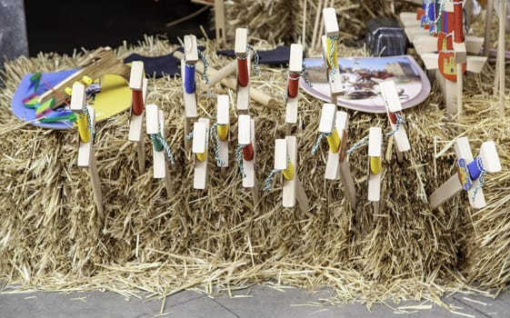 Detail of children's wooden toys, medieval swords