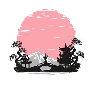 abstract Asian Landscape and beautiful Asian girl - isolated banner