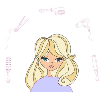 Hairdresser -  beautiful feminine card, set for styling hair