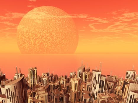 Computer generated 3D illustration with a futuristic city in a distant world