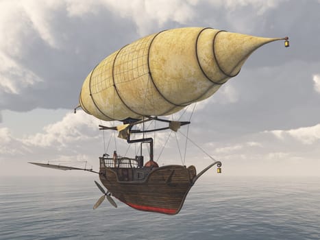 Computer generated 3D illustration with a fantasy airship over the sea